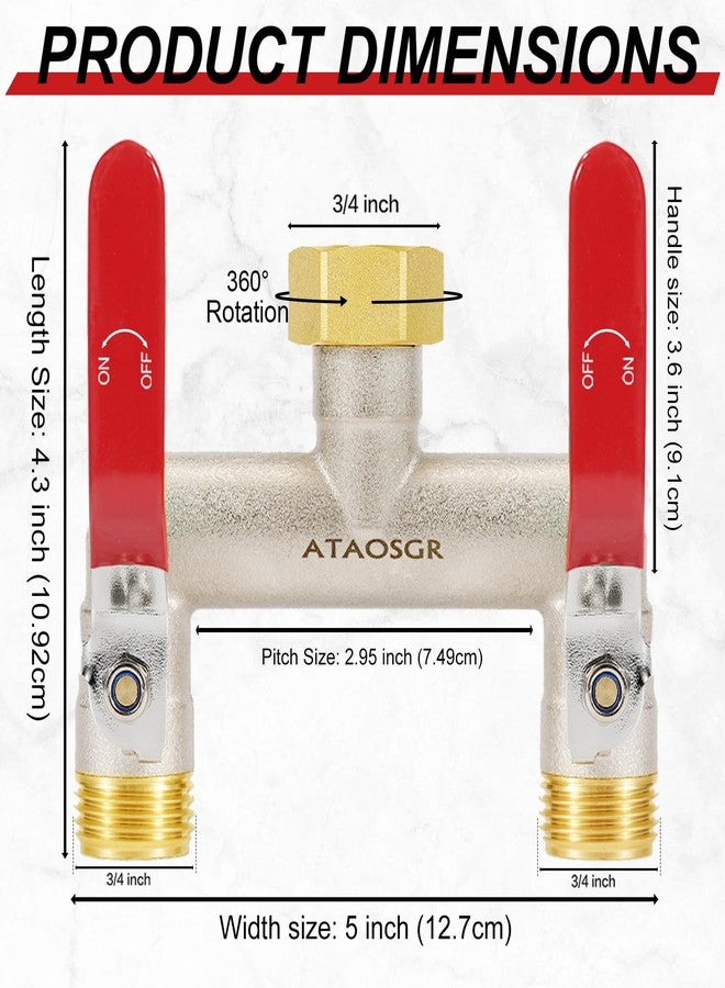 ATAOSGR Garden Hose Manifold, 3/4 Inch, 2-Way Valve with Red Long Handle - Image 2