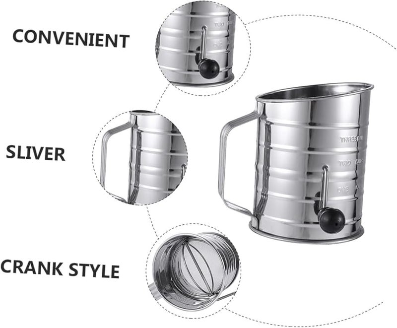 Stainless Steel Hand Crank Flour Sifter With Measuring Scale Fine Mesh Filter - Image 5