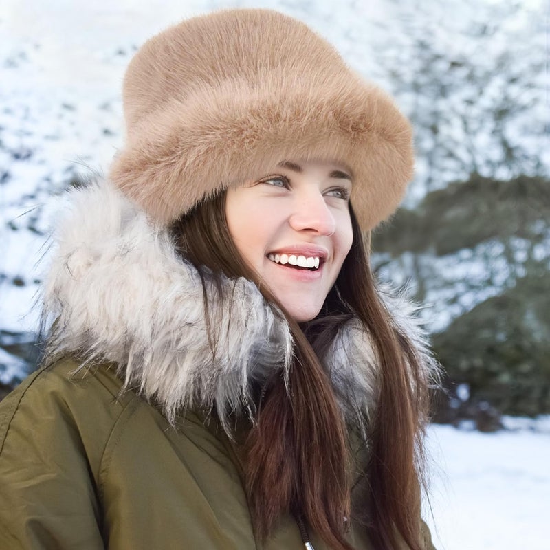 Peicees Winter Bucket Hat for Women Fur Russian Ushanka Ladies Fluffy Snow Hat Fuzzy Fisherman Cap Warm Cute - Image 2