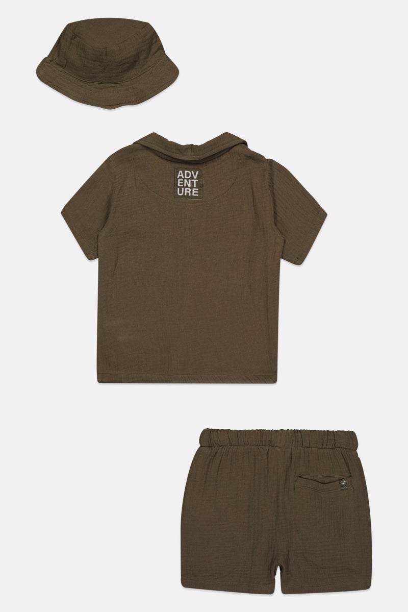 Fudo Kids Boy 3 Pieces Brand Logo Shirt And Shorts With Hat Set, Olive - Image 3