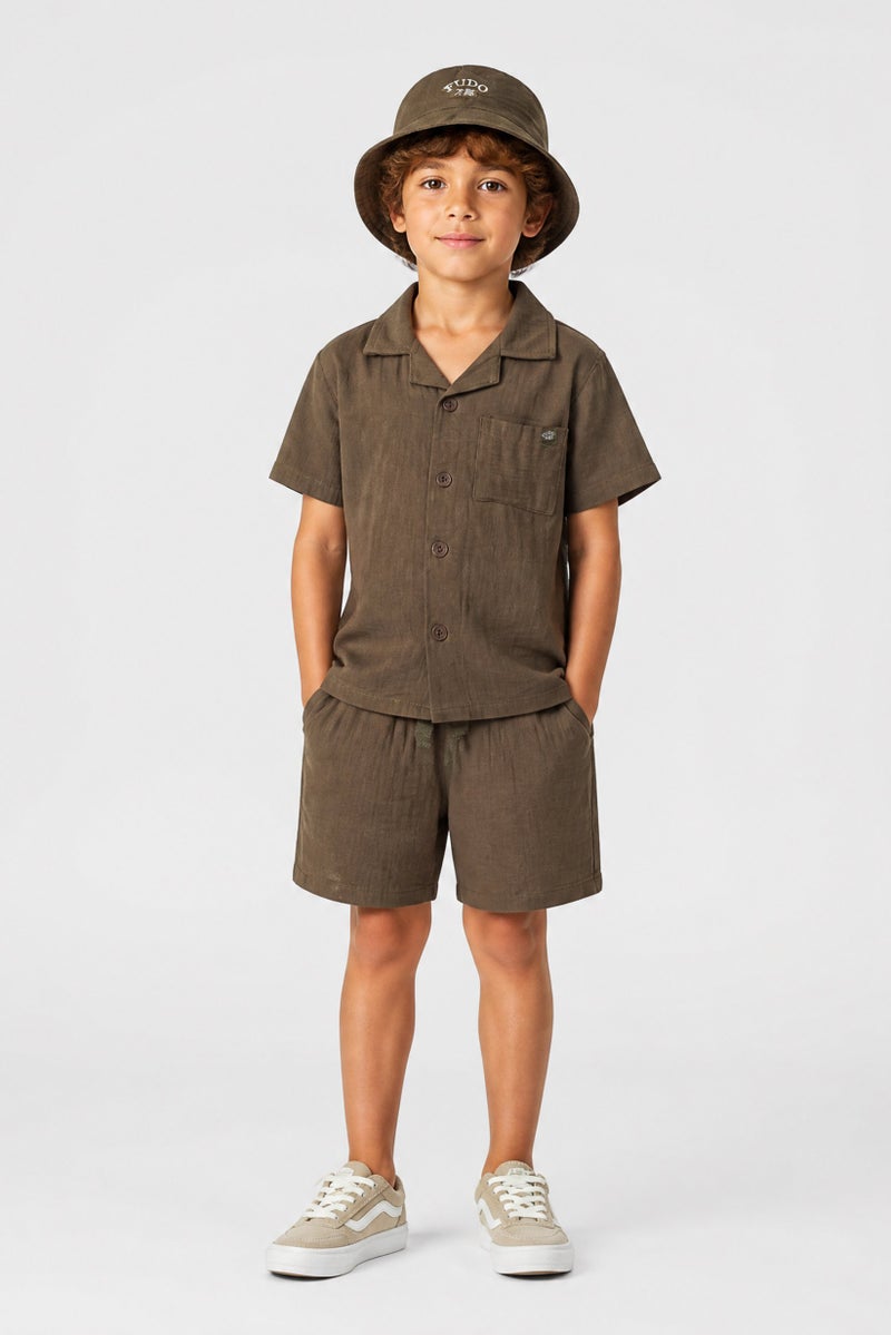 Fudo Kids Boy 3 Pieces Brand Logo Shirt And Shorts With Hat Set, Olive - Image 1