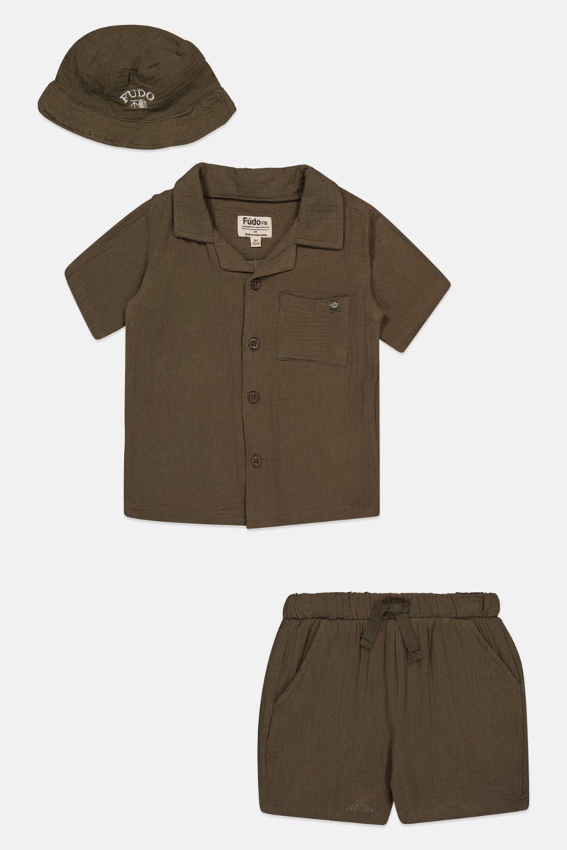 Fudo Kids Boy 3 Pieces Brand Logo Shirt And Shorts With Hat Set, Olive - Image 2
