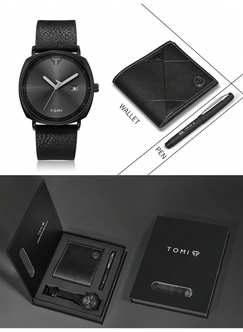 TOMI Men's Luxury Gift Set: Quartz Watch with Wallet and Pen – Elegant Classic Design with Calendar – High-Quality Comfortable Leather Strap – Includes a Luxury Gift Box – Suitable for Everyday Use and Formal Occasions – An Ideal Gift for Men - Image 1