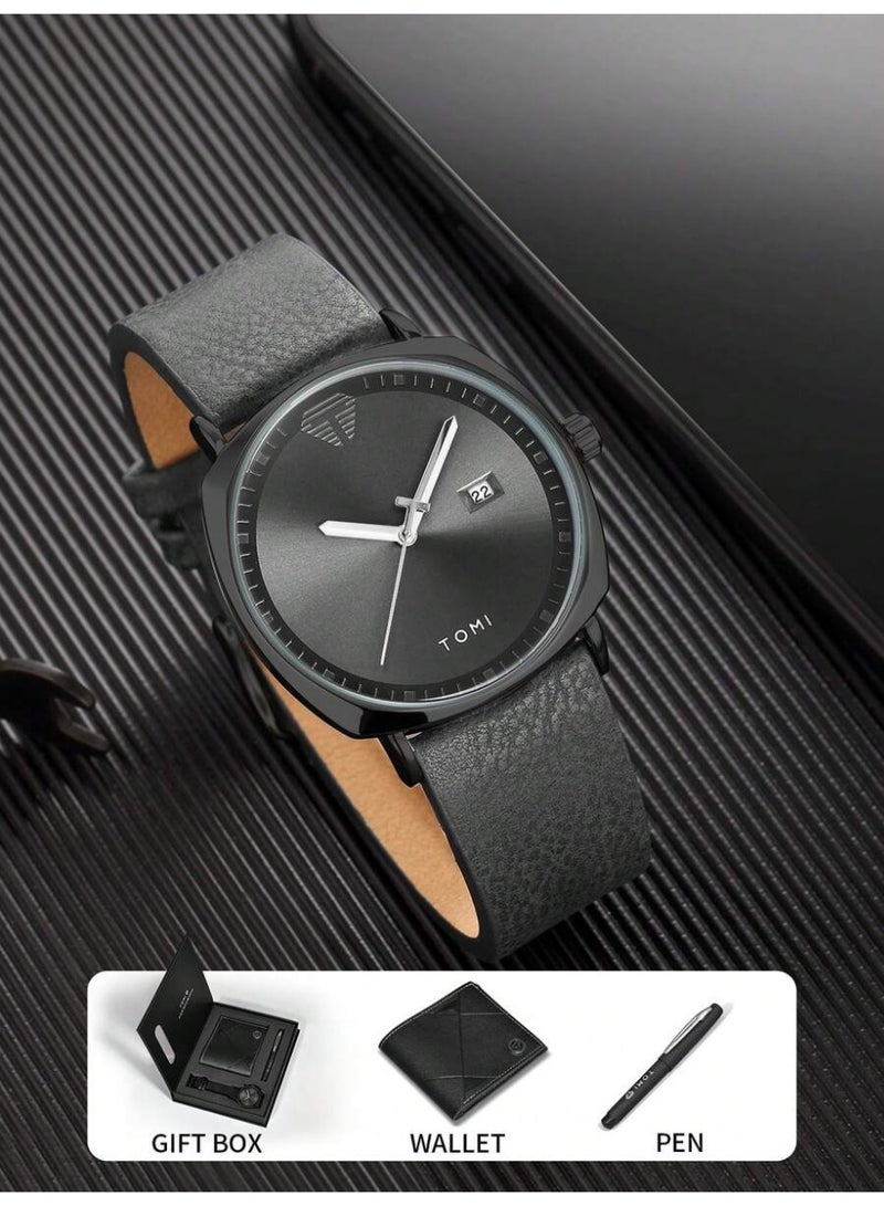 TOMI Men's Luxury Gift Set: Quartz Watch with Wallet and Pen – Elegant Classic Design with Calendar – High-Quality Comfortable Leather Strap – Includes a Luxury Gift Box – Suitable for Everyday Use and Formal Occasions – An Ideal Gift for Men - Image 2