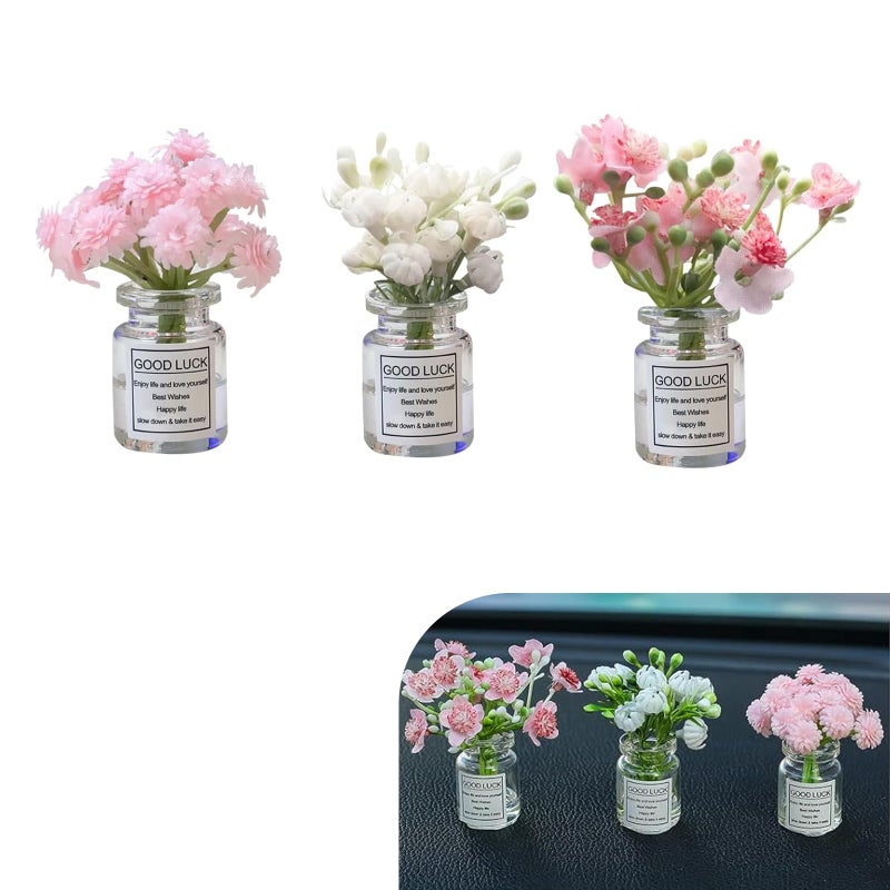 Qurbuns 3 PCS Mini Flower in Vase Car Dashboard Decorations Cute Babysbreath Jasmine Cherry Blossom Daisy Realistic Glass Vase Ornaments Funny Dashboard Rear View Mirror Interior Decor for Cars - Image 3