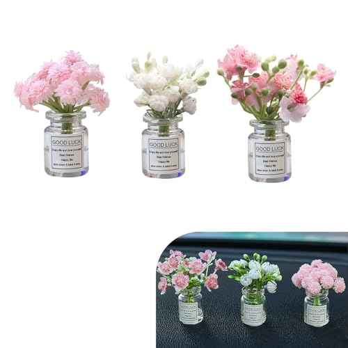 Qurbuns 3 PCS Mini Flower in Vase Car Dashboard Decorations Cute Babysbreath Jasmine Cherry Blossom Daisy Realistic Glass Vase Ornaments Funny Dashboard Rear View Mirror Interior Decor for Cars - Image 1