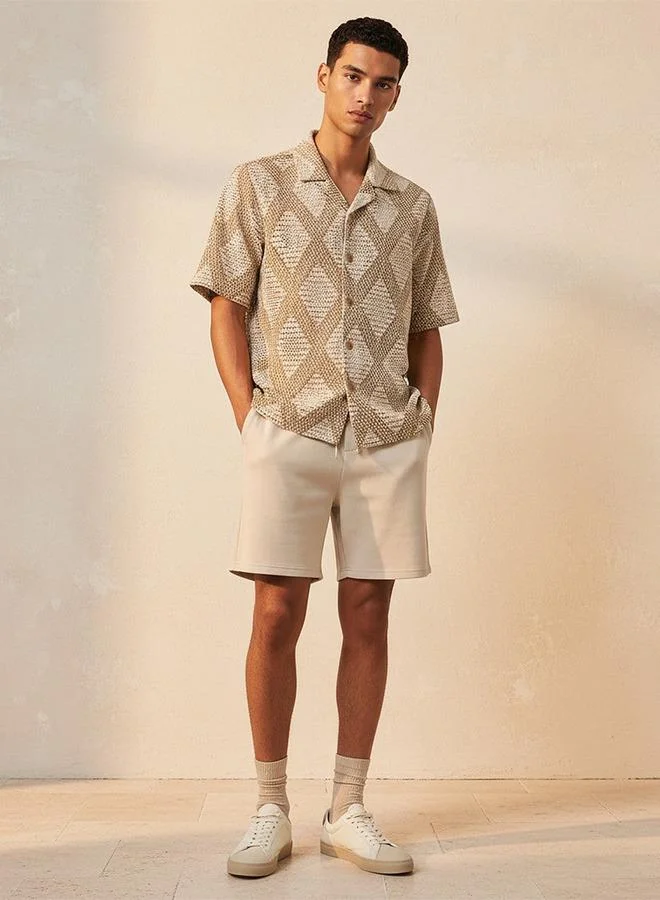 Iconic BEIGE Iconic Regular Fit Collared Mesh Textured Short Sleeves Shirt for Men | Best Price UAE