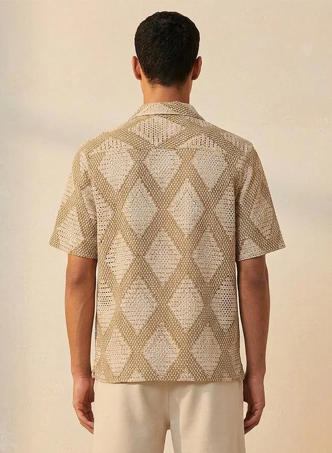 Iconic BEIGE Iconic Regular Fit Collared Mesh Textured Short Sleeves Shirt for Men | Best Price UAE