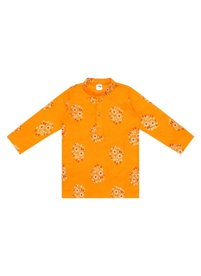 Superminis - Superminis Baby Boys Cotton Ethnic Wear Gold Foil Printed Kurta with Elastic White Pyjama (Yellow, 2-3 Years) - Image 1