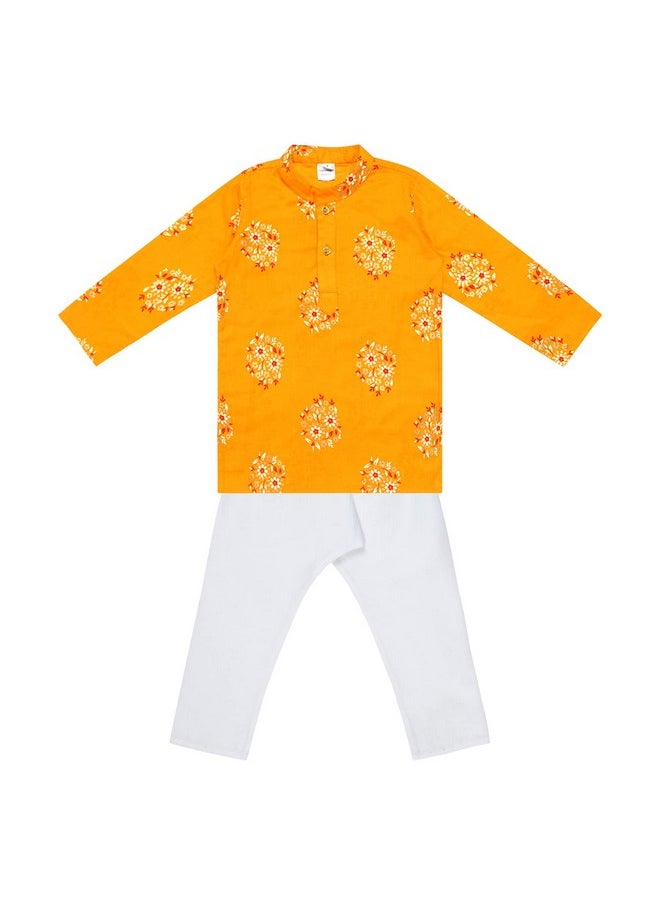 Superminis - Superminis Baby Boys Cotton Ethnic Wear Gold Foil Printed Kurta with Elastic White Pyjama (Yellow, 2-3 Years) - Image 1