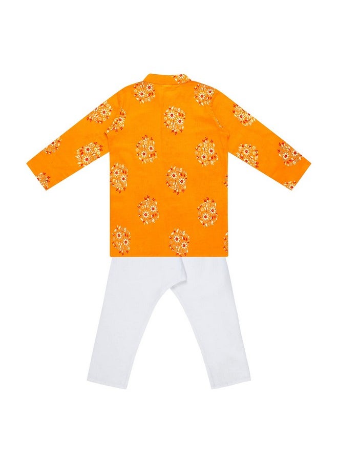 Superminis - Superminis Baby Boys Cotton Ethnic Wear Gold Foil Printed Kurta with Elastic White Pyjama (Yellow, 2-3 Years) - Image 1