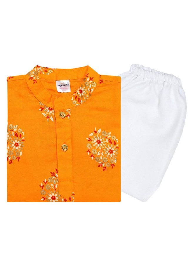 Superminis - Superminis Baby Boys Cotton Ethnic Wear Gold Foil Printed Kurta with Elastic White Pyjama (Yellow, 2-3 Years) - Image 1