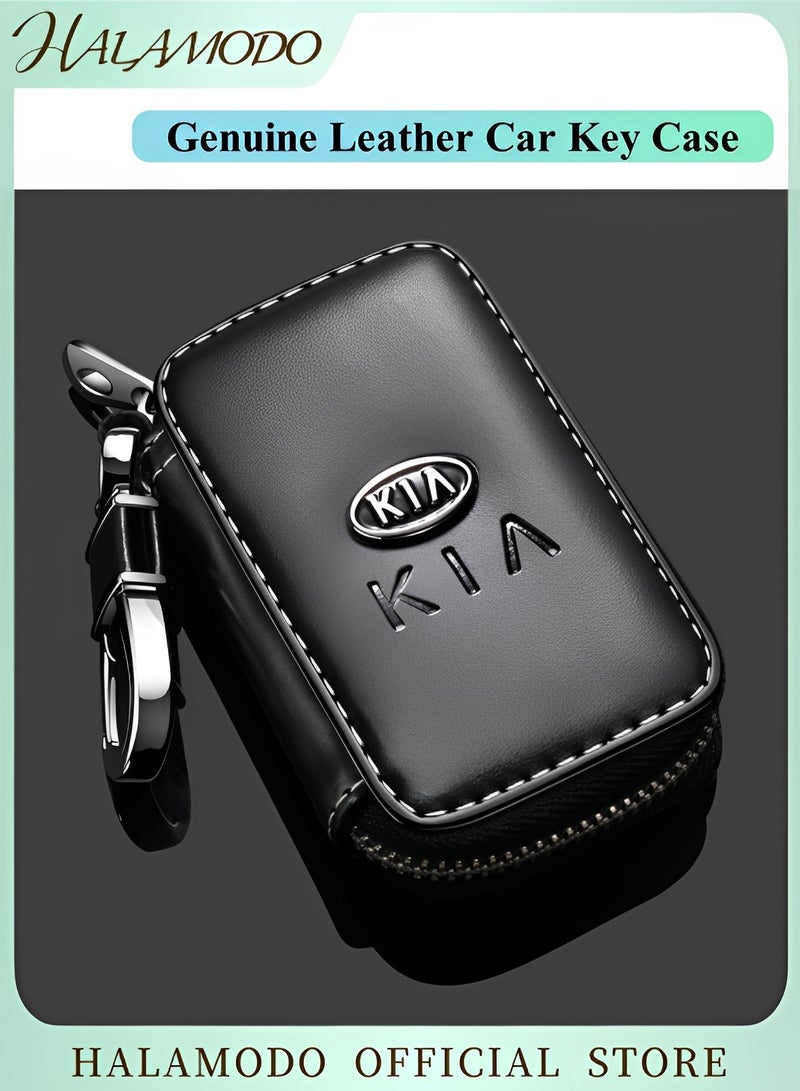 Halamodo Car Key Case Genuine Leather Car Key Chain Keychain Holder Metal Hook and Keyring Zipper Bag for Remote Key Fob Universal Vehicle Smart Key Case - Image 1