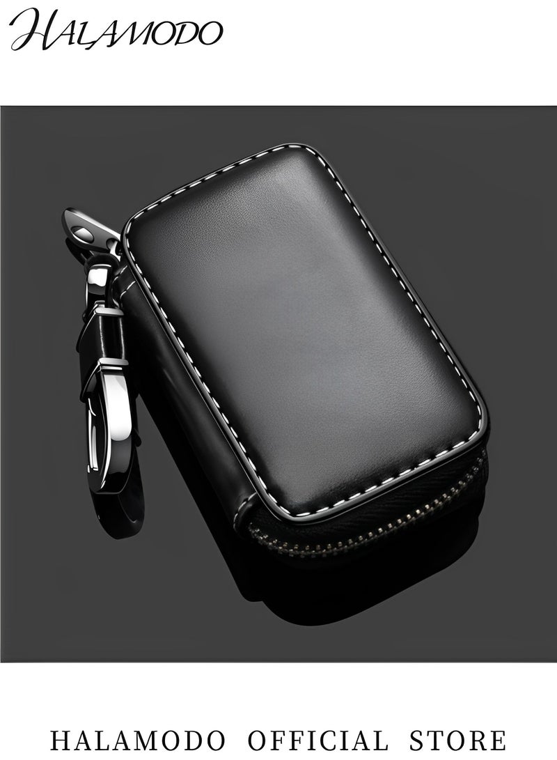 Halamodo Car Key Case Genuine Leather Car Key Chain Keychain Holder Metal Hook and Keyring Zipper Bag for Remote Key Fob Universal Vehicle Smart Key Case - Image 2
