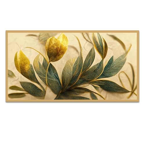 DEKORSTATION Elegant Golden and Green Flowers Leaf Floating Framed Canvas Painting for Home Decor|Floral Canvas Painting For Wall Decoration, Wall Painting For Living Room|Size: 12x24 Inch (FF_816DS) - Image 2