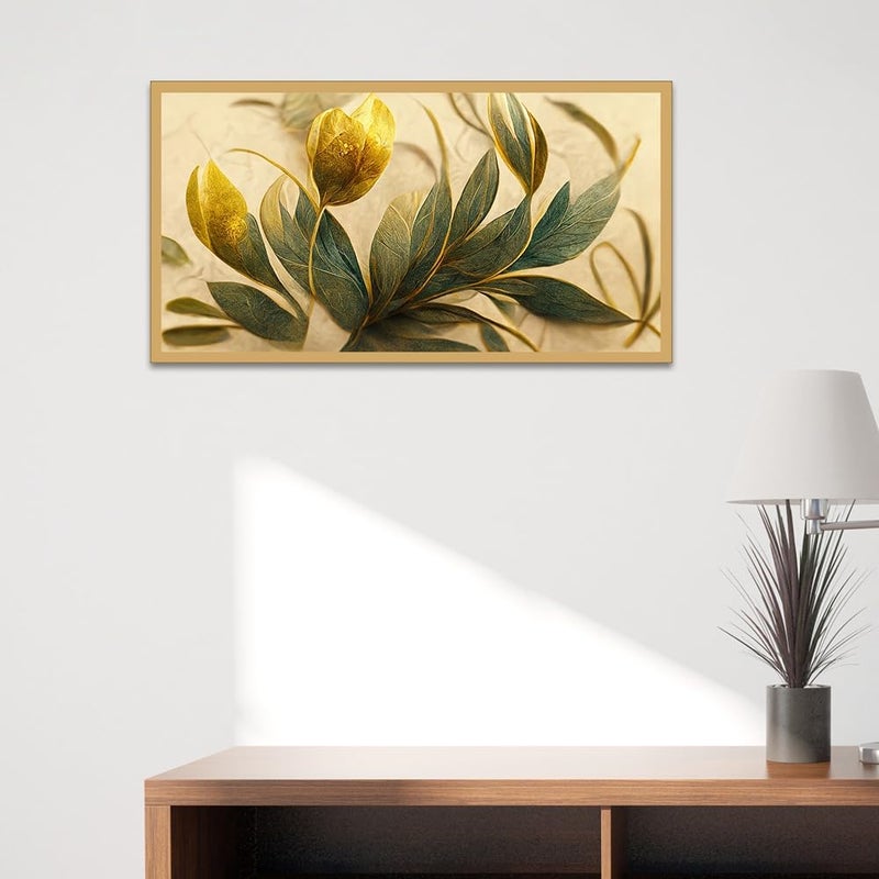 DEKORSTATION Elegant Golden and Green Flowers Leaf Floating Framed Canvas Painting for Home Decor|Floral Canvas Painting For Wall Decoration, Wall Painting For Living Room|Size: 12x24 Inch (FF_816DS) - Image 5