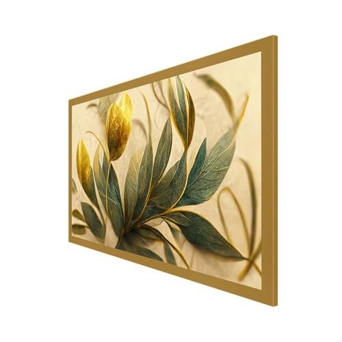 DEKORSTATION Elegant Golden and Green Flowers Leaf Floating Framed Canvas Painting for Home Decor|Floral Canvas Painting For Wall Decoration, Wall Painting For Living Room|Size: 12x24 Inch (FF_816DS) - Image 3