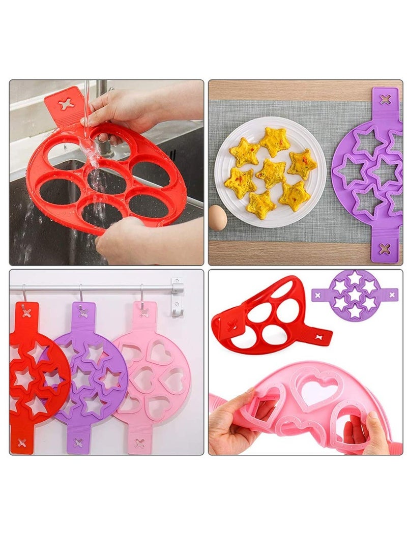 Silicone Fried Egg Mould, 3PCS Heart&Round&Star Shape Pancakes Maker for Saving Cooking Time, Insulated Biscuit Mold Baking Stencil for Fast Easy DIY Egg/Cupcake/Pastry