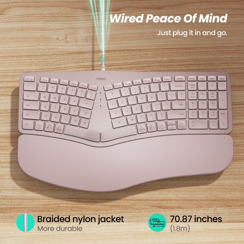 Nulea RT05C Wired Ergonomic Keyboard, Split Keyboard with Cushioned Wrist Rest, Adjustable Tilt Legs, Plug and Play, USB Corded, Compatible with Windows/Mac (Pink) - Image 3