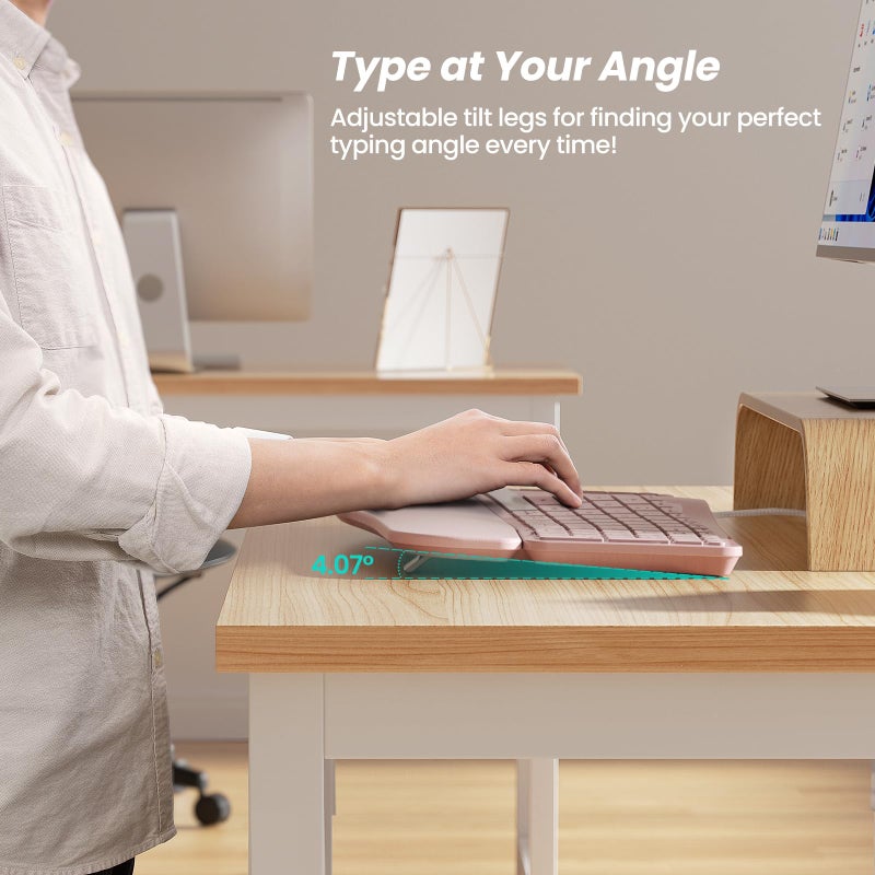 Nulea RT05C Wired Ergonomic Keyboard, Split Keyboard with Cushioned Wrist Rest, Adjustable Tilt Legs, Plug and Play, USB Corded, Compatible with Windows/Mac (Pink) - Image 4