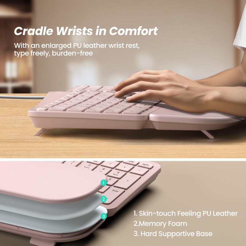 Nulea RT05C Wired Ergonomic Keyboard, Split Keyboard with Cushioned Wrist Rest, Adjustable Tilt Legs, Plug and Play, USB Corded, Compatible with Windows/Mac (Pink) - Image 5