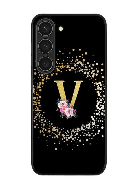 Rugged Black edge case for Samsung Galaxy S23 5G, Soft Flexible Phone case Custom Monogram Initial Letter Floral Pattern Alphabet - V (Black)