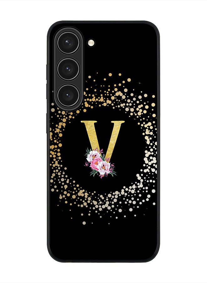 Rugged Black edge case for Samsung Galaxy S23 5G, Soft Flexible Phone case Custom Monogram Initial Letter Floral Pattern Alphabet - V (Black)