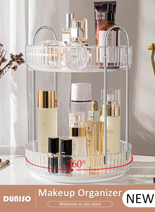 DUNISO 360° Rotating Makeup Organizer for Vanity, Bathroom Countertop Organizer Spinning Perfume Organizer, High-Capacity Cosmetic and Skincare Dresser Make Up Holder Rack, Clear Bathroom Counter Organizer for Cosmetics, Lipsticks, Spinning (2 Tier) - Image 1
