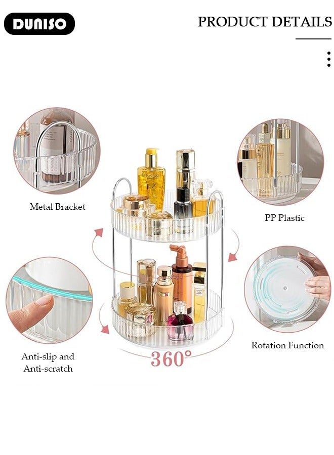 DUNISO 360° Rotating Makeup Organizer for Vanity, Bathroom Countertop Organizer Spinning Perfume Organizer, High-Capacity Cosmetic and Skincare Dresser Make Up Holder Rack, Clear Bathroom Counter Organizer for Cosmetics, Lipsticks, Spinning (2 Tier) - Image 2