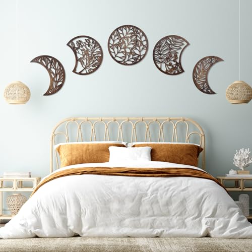 Jetec 5 Pcs Moon Phase Wall Art Decor Wall Pediments Hanging Wooden Phase Spiritual Bedroom Nordic Boho Lunar Aesthetic Art for Living Room Dorm Apartment OrnamentDark Brown1575 InchBotanical - Image 1