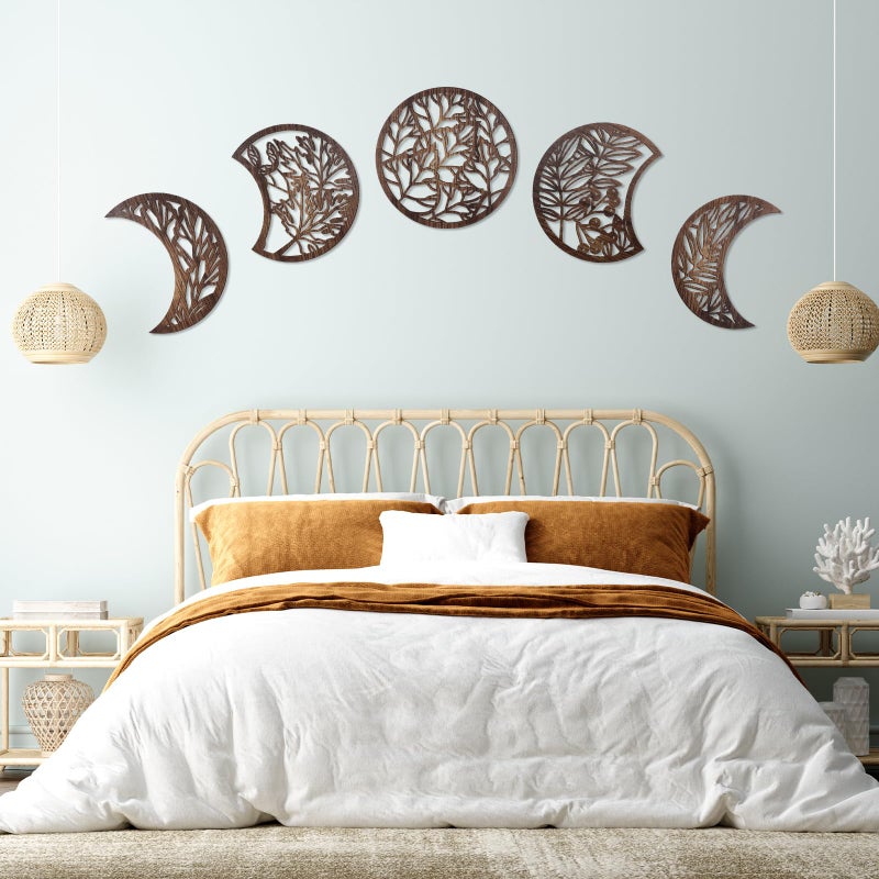Jetec 5 Pcs Moon Phase Wall Art Decor Wall Pediments Hanging Wooden Phase Spiritual Bedroom Nordic Boho Lunar Aesthetic Art for Living Room Dorm Apartment OrnamentDark Brown1575 InchBotanical - Image 2