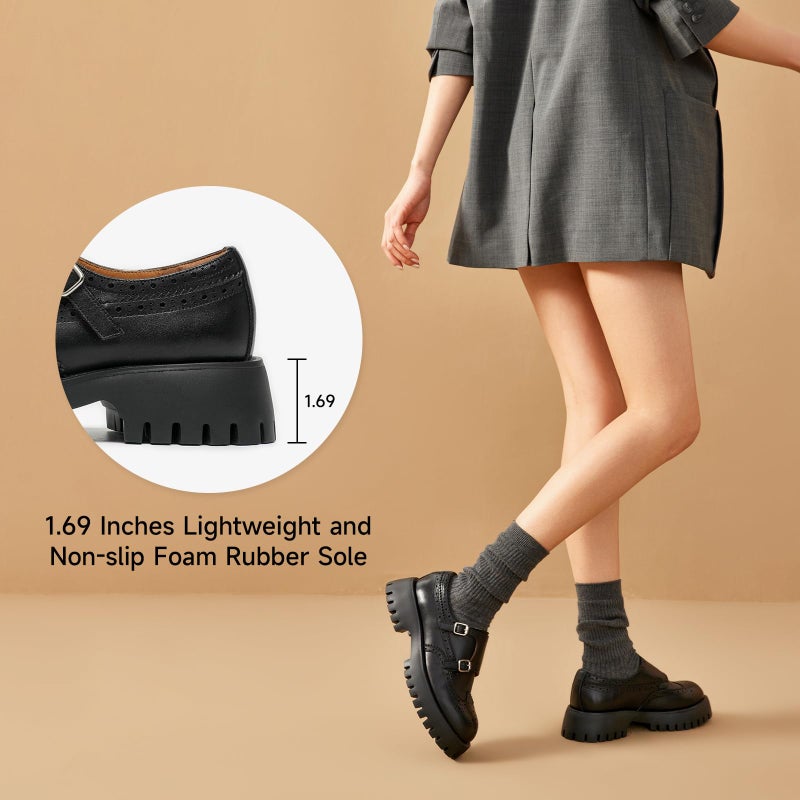 BEAU TODAY Chunky Loafers for Women, Womenâ€™s Leather Platform Loafers, Monk Strap Brogues Shoes Women, Lug Sole Slip On Wingtip Loafers Shoes Casual Business Shoes Comfortable Dressy Black US 8 - Image 3