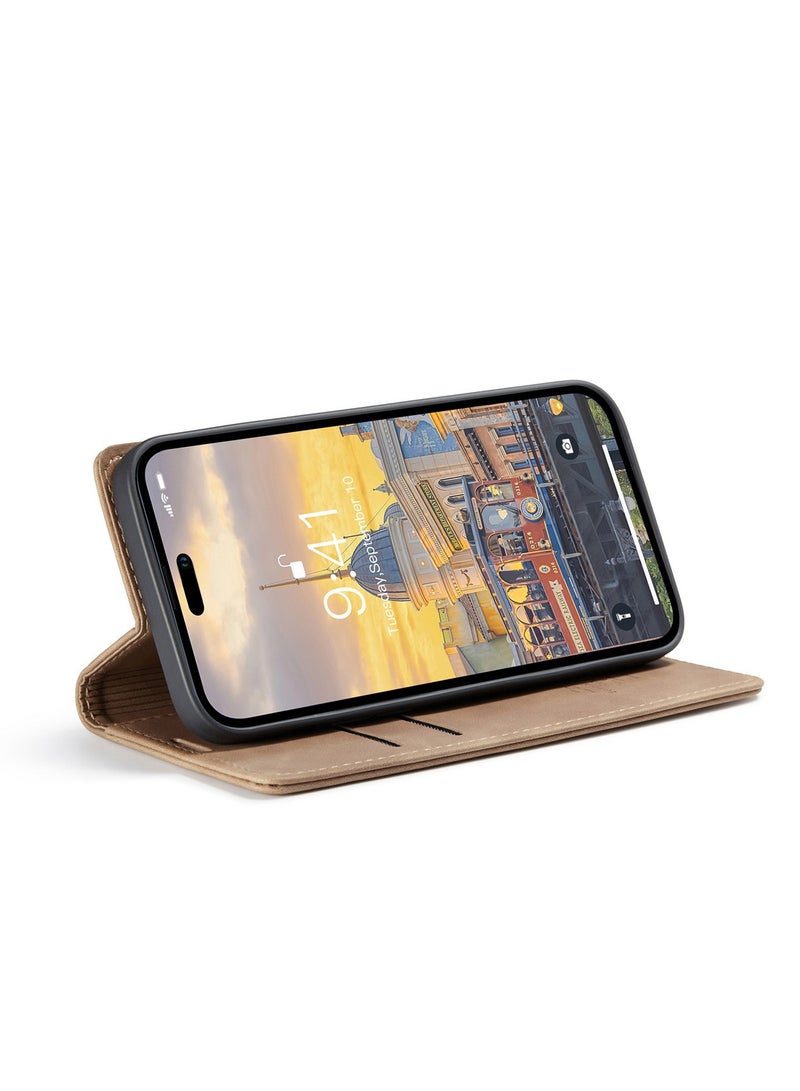 CaseMe iPhone 15 Pro Leather Case Wallet Flip Cover Card Slots Magnetic Closure Stand Phone Holder Function Fold Shockproof Protective Full Protection Anti-drop Anti-scratch Accessory For iphone 15 Pro - Image 3