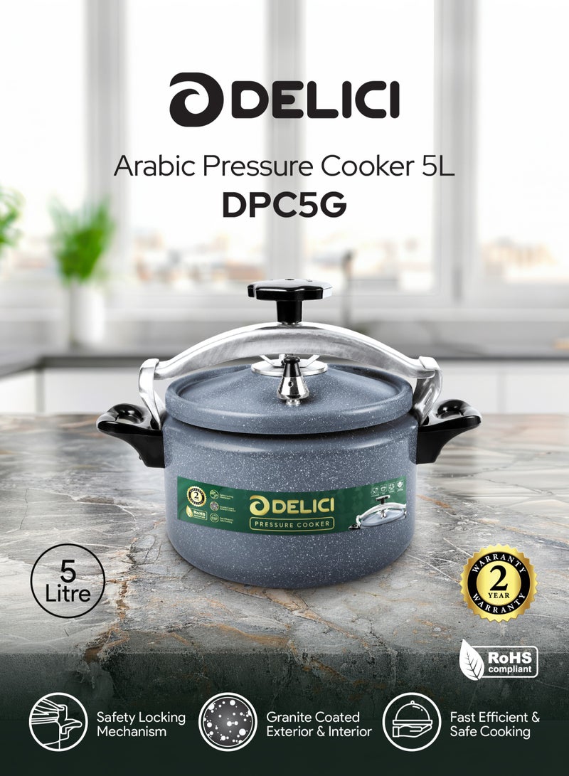 DELICI 5L Aluminum Arabic Pressure Cooker | Granite Coated | Safety Lock | Heat-Resistant Base | Long-Lasting Rubber Sealing | Durable Body & Lid | Perfect Heat Distribution | Ideal For Modern Middle East Kitchen | Grey | DPC 5G - Image 2