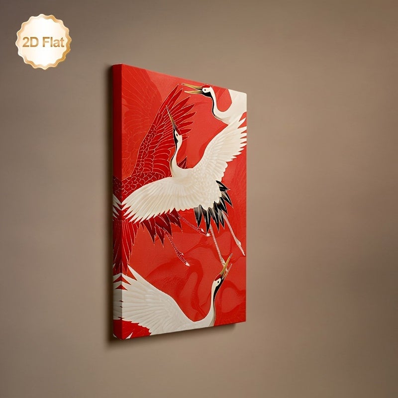 Framed Canvas Painting with Red Background and Cranes - Image 5