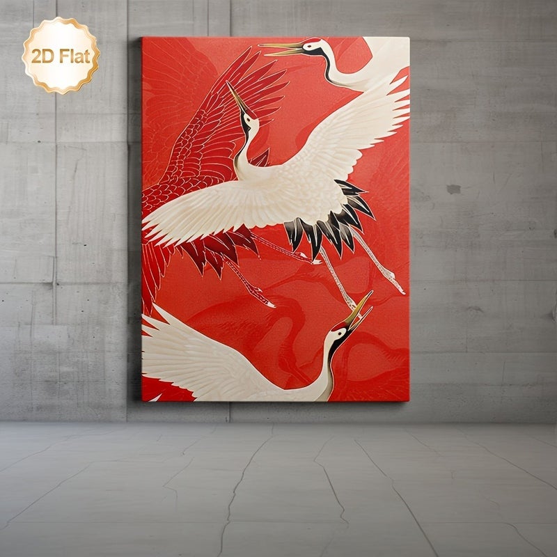 Framed Canvas Painting with Red Background and Cranes - Image 2