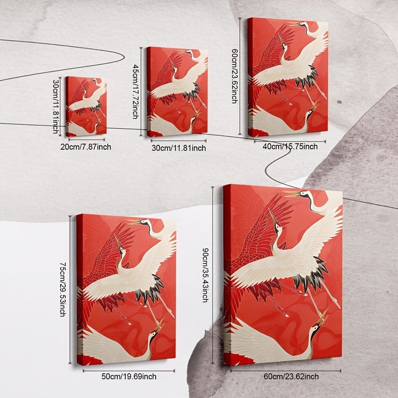 Framed Canvas Painting with Red Background and Cranes - Image 3