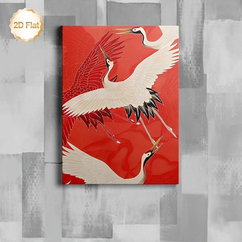 Framed Canvas Painting with Red Background and Cranes - Image 4