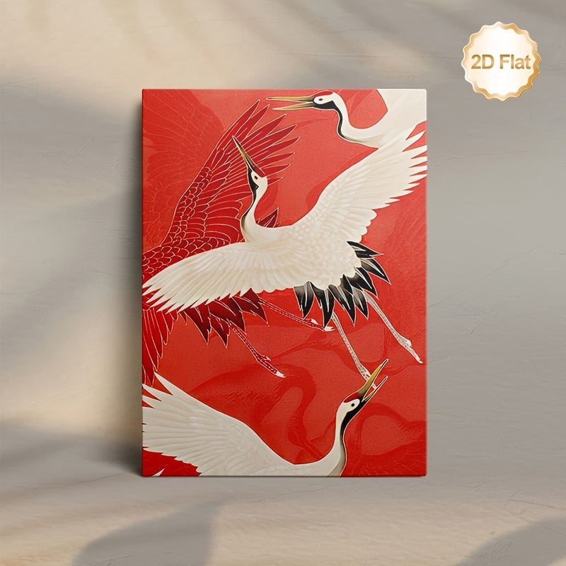Framed Canvas Painting with Red Background and Cranes - Image 1