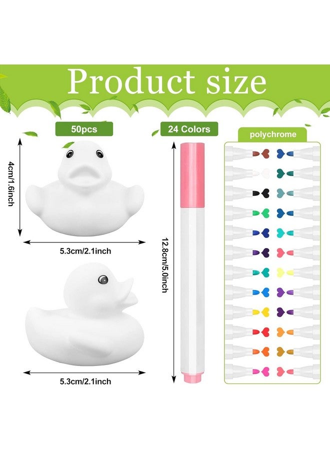 Olgaa 50 Pcs 2 Inch White Blank Rubber Ducks in Bulk DIY Ducks with Pens of 24 Colors Float Squeak Funny for Pool Bathtub Float Cute Ducks Birthday Gift Baby Activities Themed Party Favor - Image 2