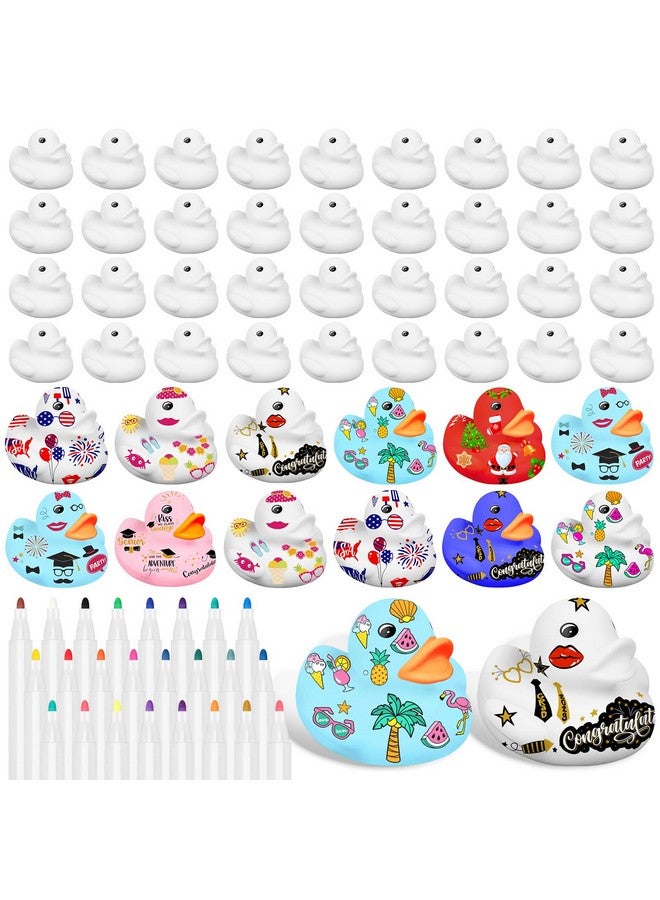 Olgaa 50 Pcs 2 Inch White Blank Rubber Ducks in Bulk DIY Ducks with Pens of 24 Colors Float Squeak Funny for Pool Bathtub Float Cute Ducks Birthday Gift Baby Activities Themed Party Favor - Image 1