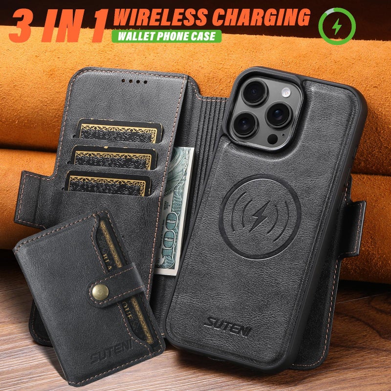 Suteni For Iphone 14 Q06S1 3-In-1 Splicing Detachable Wallet Magsafe Leather Phone Case(Black) - Image 4