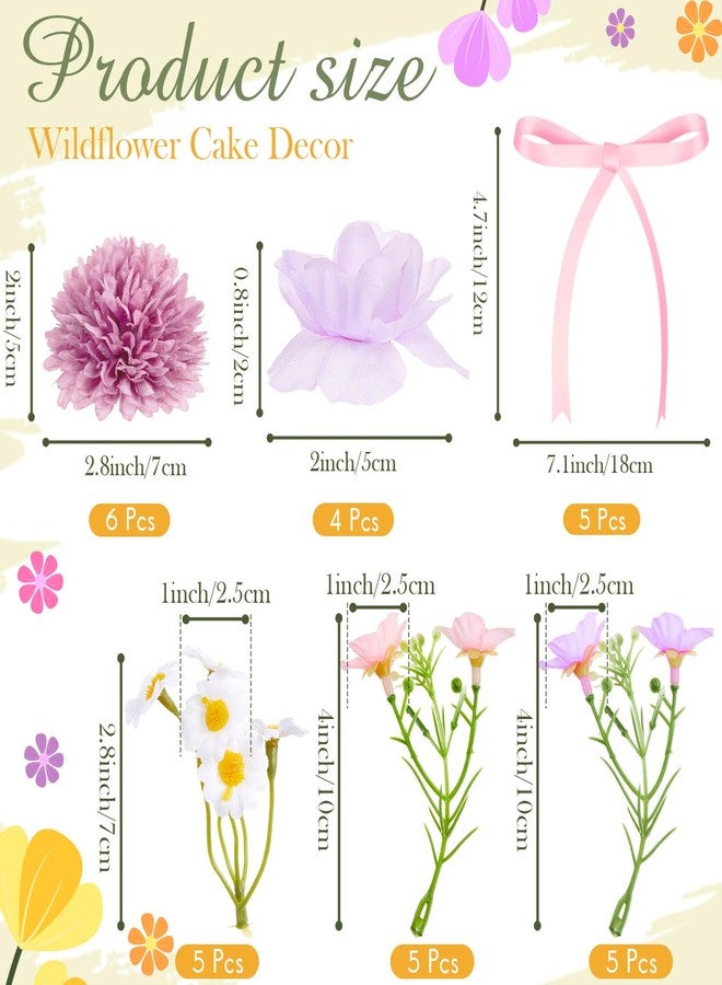 Juinte 30 Pcs Wildflower Cake Decorations Baby in Bloom Cake Decorations Fake Wildflower Heads Pink Bow Topper for Women Birthday Wedding Bridal Baby Shower Party Picnic - Image 2