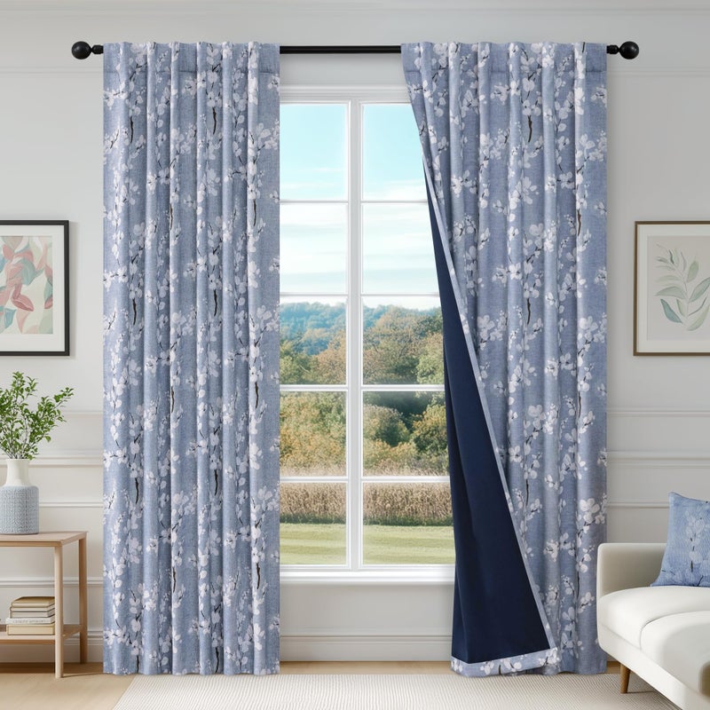 FMFUNCTEX 100% Blackout Floral Curtains for Bedroom, Blue Curtains 84 inch Length Blossom Flower Patterned for Living Room, Thermal Insulated Farmhouse Drapes, Rod Pocket 2 Panels (White on Blue) - Image 2