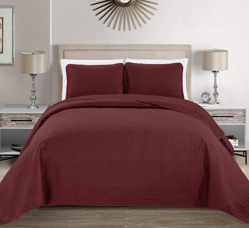 Linen Plus Collection 3 Pieces KingCalifornia King Over Size Embossed Coverlet Bedspread Set Solid Burgundy 118 x 106 New