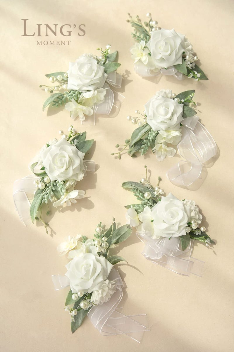 Ling's moment Ling's Moment 6pcs Homecoming Wedding Wrist Corsage Artificial Flowers  Girl/Mother Prom Corsages Wristlet D?cor  etc. Snow White  - Image 2