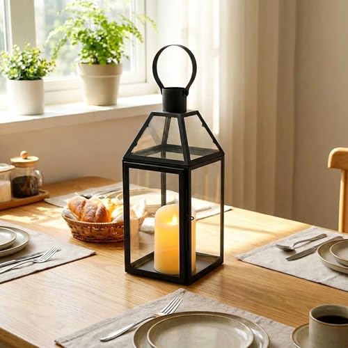 JHY DESIGN Black Decorative Lanterns 16H Decorative Candle Lantern with Tempered Glass for Indoor Outdoor Events Parities and Weddings - Image 1