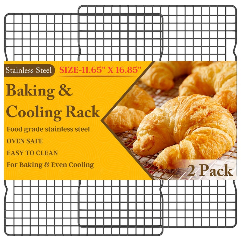 Qukaka 2PCS Cooling Racks for Cooking and Baking -11.65''x16.85''Heavy Duty Stainless Steel Wire Rack for Baking, Grilling, Roasting - Oven & Dishwasher Safe - Fits Half Sheet Panï¼ˆBlackï¼‰ - Image 1