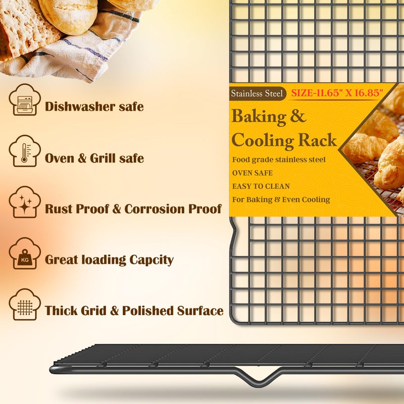 Qukaka 2PCS Cooling Racks for Cooking and Baking -11.65''x16.85''Heavy Duty Stainless Steel Wire Rack for Baking, Grilling, Roasting - Oven & Dishwasher Safe - Fits Half Sheet Panï¼ˆBlackï¼‰ - Image 2