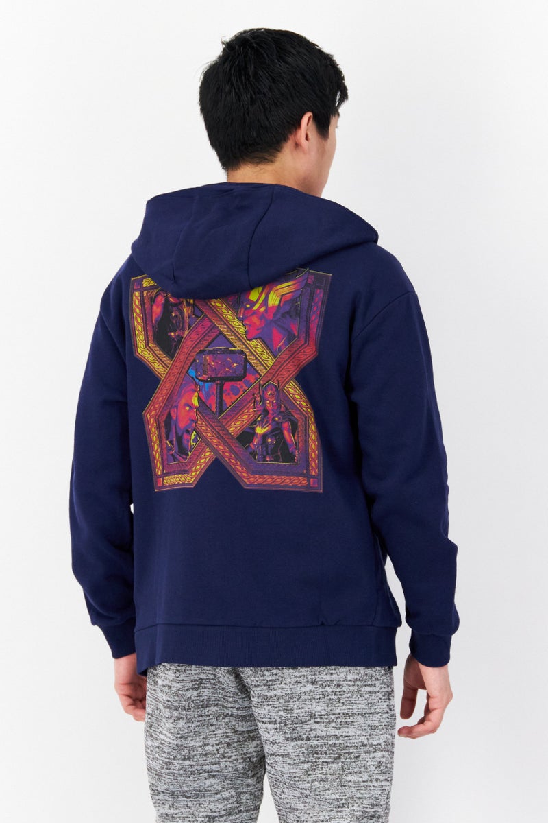 MARVEL Men Hooded Graphic Print Long Sleeves Sweatshirt, Navy Blue Combo  - Image 4